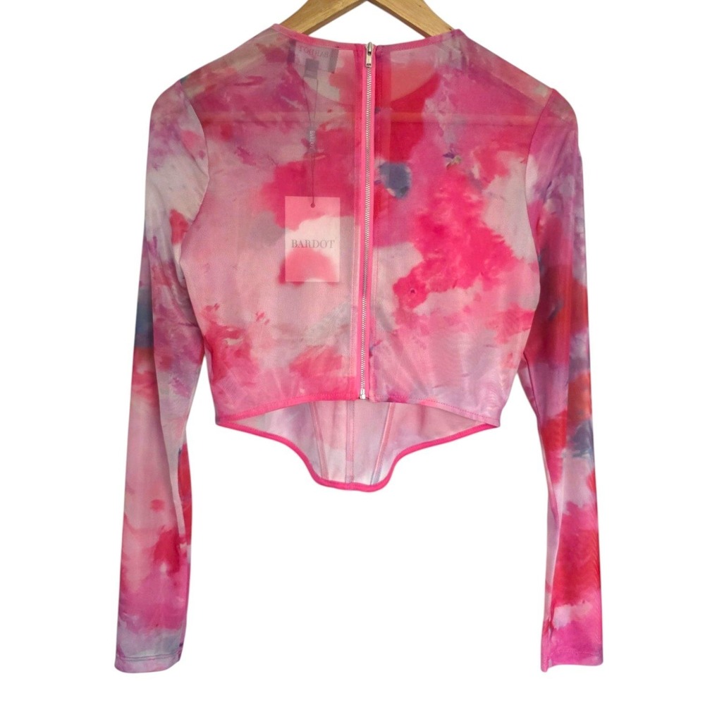 Bardot Lena Mesh Corset Top Pink Sheer Cropped Long Sleeve‎ Crewneck Medium - Picture 4 of 11